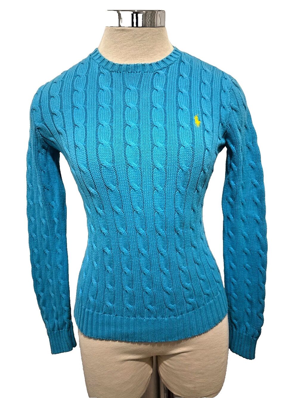 Ralph Lauren Womens S Blue Cotton Cable Knit Pullover Sweater Preppy EUC